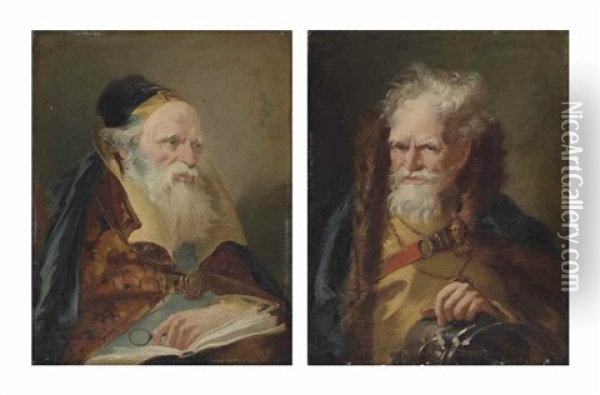 Head Of A Philosopher; And Head Of A General Oil Painting - Giovanni Domenico Tiepolo