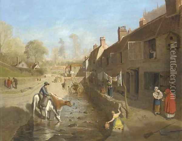 Figures by a village stream with figures by terraced houses Oil Painting - Francis Danby