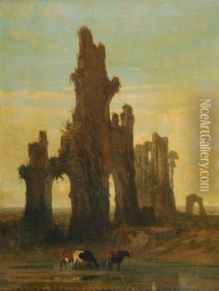 Bergere Et Troupeau Dans Un Paysage Italianisant Avec Ruines Oil Painting - Guillaume Van Der Hecht