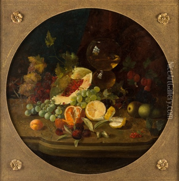 Still Life Of Melon And Grapes Oil Painting - William Jabez Muckley