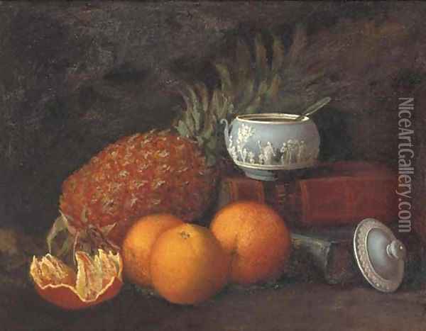 Still life of a pineapple, Wedgewood pot and oranges, with books to the side Oil Painting - George Harrison