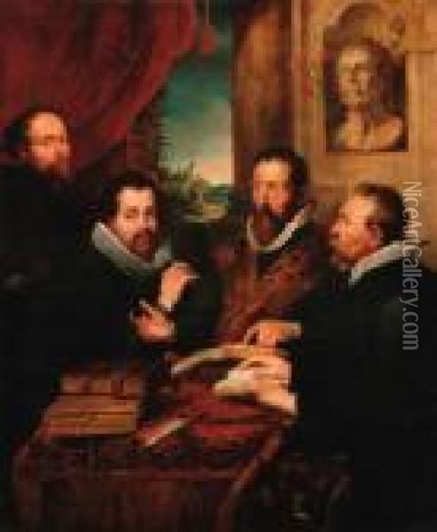 'the Four Philosphers' - Rubens,
 His Brother Philip, Justus Lipsiusand Jan Van De Wouwere Oil Painting - Peter Paul Rubens