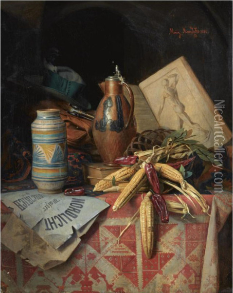 A Still Life With Earthenware, Vegetables And Manuscripts Oil Painting - Moritz Mansfeld