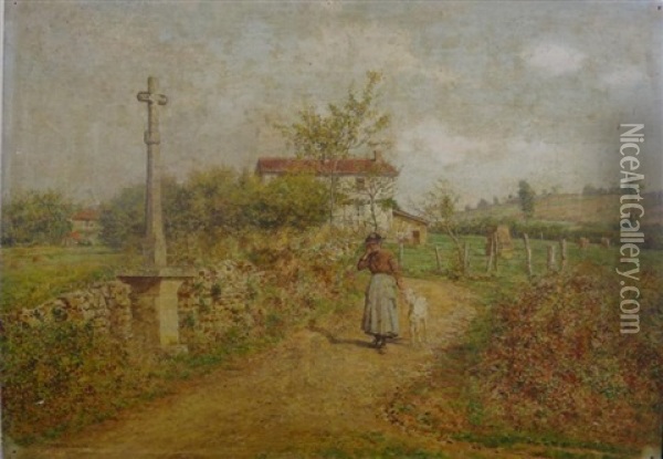 Jeune Femme Et Sa Chevre Devant Un Calvaire, 1916 Oil Painting - Marie Francois Firmin-Girard