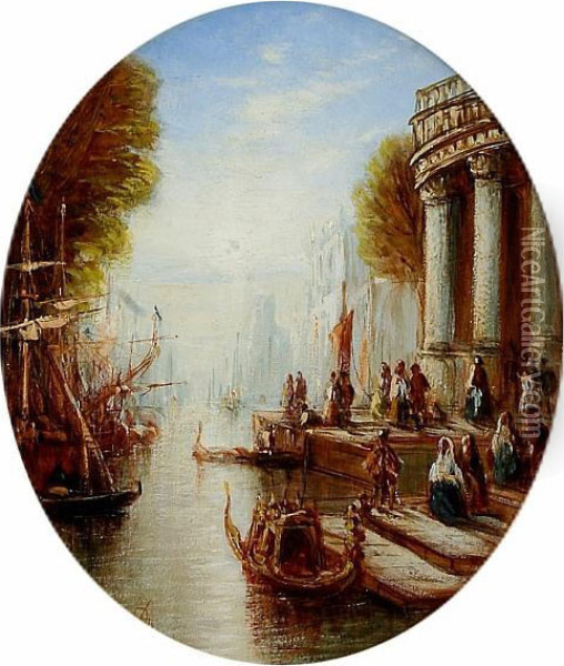 A Venetian Canal Scene With Figures Oil Painting - Francis Maltino