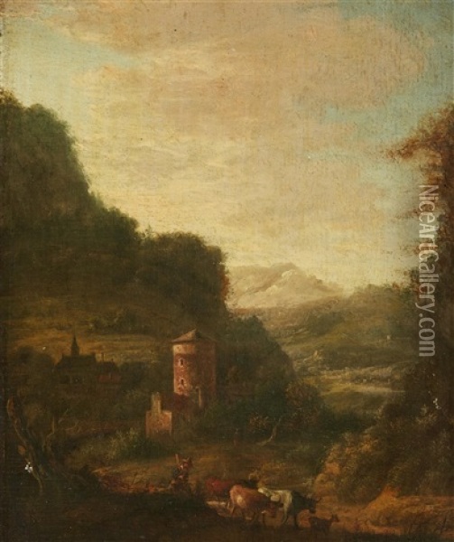 Pastoral Southern Landscape With A Castle Oil Painting - Willem de Heusch