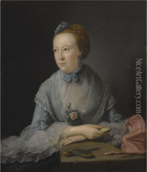 Portrait Of A Lady, Half Length, Seated At A Table, Wearing Alace-rimmed Blue Dress Oil Painting - Gabriel Mathias
