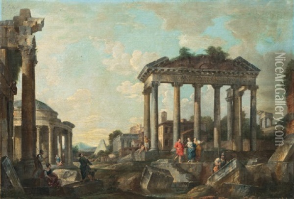 Capriccio With Roman Ruins Oil Painting - Giovanni Paolo Panini