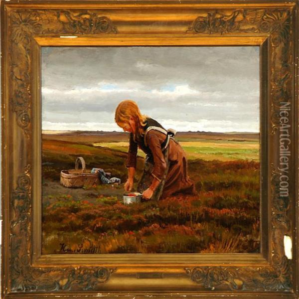 Little Girl Is Pickingberries On The Danish Moor Oil Painting - Hans Ludvig Smidth