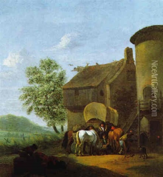 Reiter Mit Ihren Pferden Beim Hufschmied In Einer Suedlichen Landschaft Oil Painting - Johannes Lingelbach