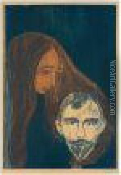 Man's Head In Womans Hair (woll 89; Schiefler 80) Oil Painting - Edvard Munch