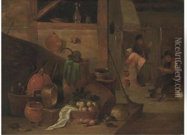 A Kitchen Interior With Peasants Oil Painting - David The Younger Teniers