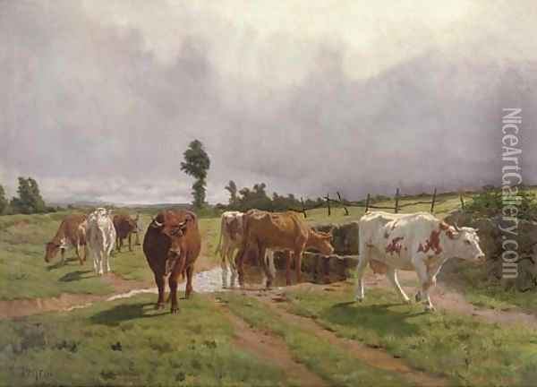 Cattle watering by a stream Oil Painting - Rene Peyrol