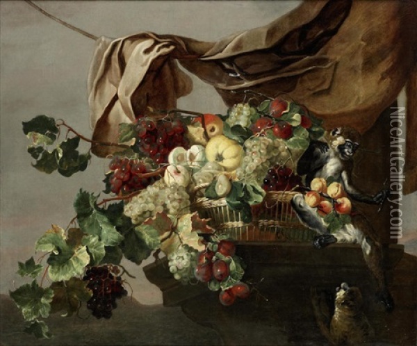 A Still Life Of Fruit In A Basket On A Stone Ledge With Two Monkeys, Beneath A Draped Curtain Oil Painting - Frans Snijders