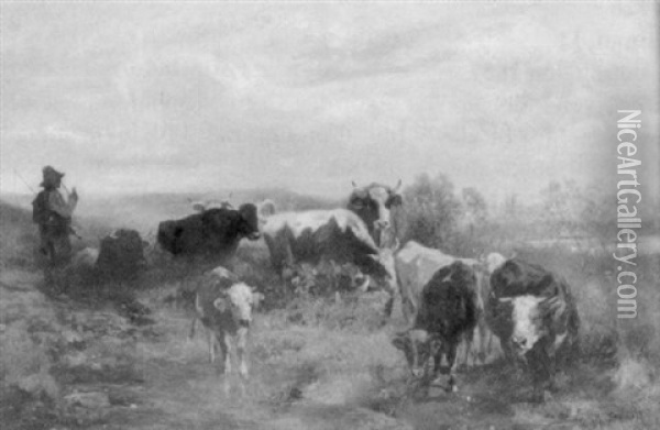 Ein Junger Hirte Hutet Seine Herde An Einem Bachlauf Oil Painting - Anton Braith