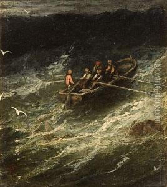 Barque Dans La Tempete. Oil Painting - Philippe Tanneur