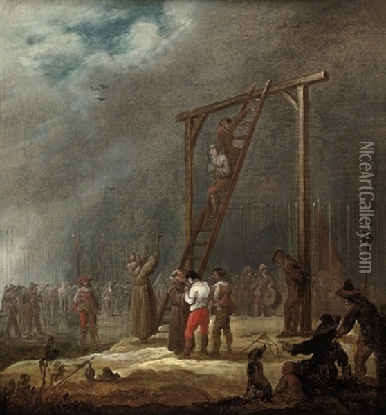 Prisoners At The Gallows Before An Army Oil Painting - Pieter Meulener
