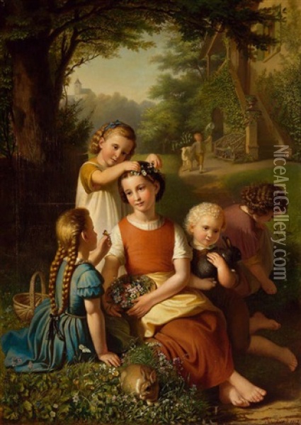 Spielende Kinder In Fruhlingslandschaft Mit Hasen Und Schmetterlingen Oil Painting - Josef Zink