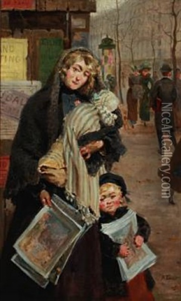 A Young Mother And Her Children Are Selling Journals On A Parisian Boulevard Oil Painting - Antoine Auguste Thivet