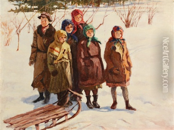Children With A Sled Oil Painting - Nikolai Petrovich Bogdanov-Bel'sky