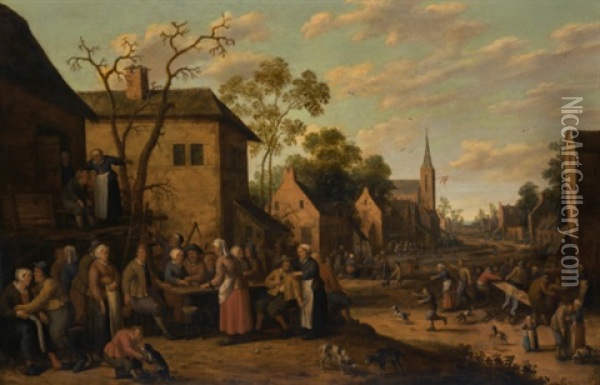 A Village Street Scene With Figures Eating And Drinking Oil Painting - Joost Cornelisz. Droochsloot