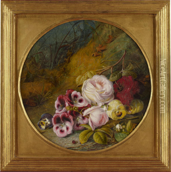 A Still Life Of Assorted Flowers On A Mossy Bank Oil Painting - Dw Gill