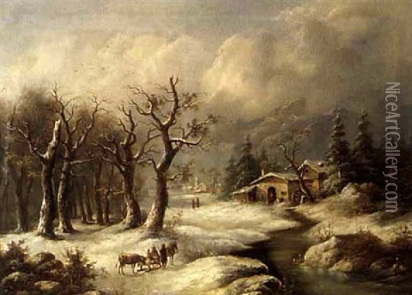 Winterlandschaft Mit Wassermuhle Und Figurenstaffage Oil Painting - Eduard Boehm