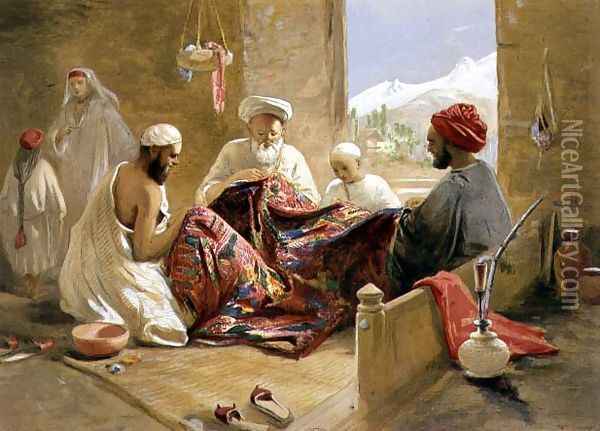 Cashmere Shawls- Sewing, 1863 Oil Painting - William Simpson