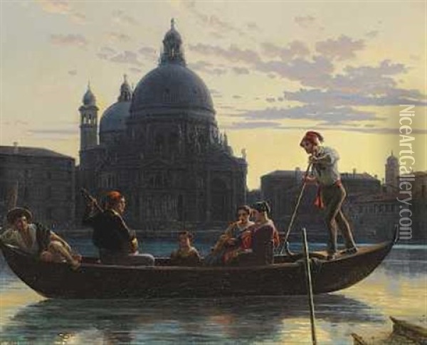 Faergescene Paa Canale Grande I Venedig, I Baggrunden Kirken St. Maria Della Salute. Aften Oil Painting - Wilhelm Nicolai Marstrand