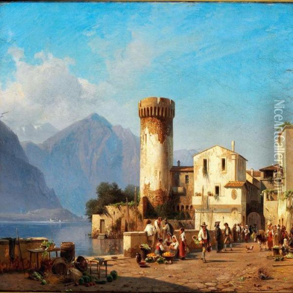 View Of A Town At A Lake Surrounded By Mountains, Northern Italy Oil Painting - Frederik Niels M. Rohde
