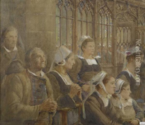 Gotisches Kircheninterieur Mit Betenden Frauen Und Mannern Oil Painting - Franzosisch