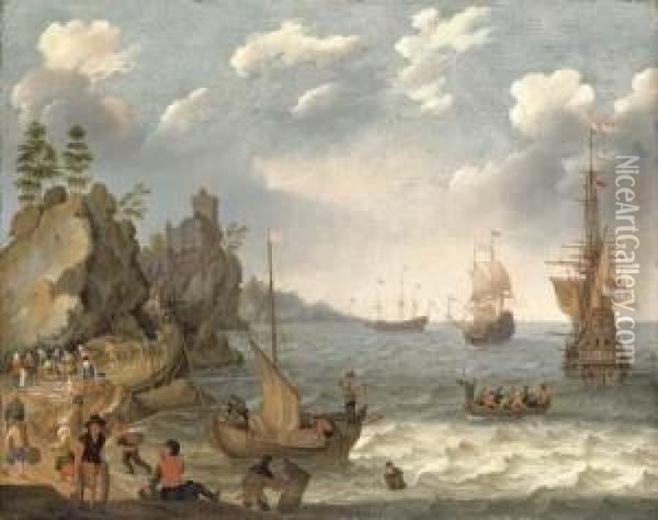 A Coastal Landscape With 
Shipping And Fishermen Selling Their Catch, A Fortified Settlement On 
The Cliffs Beyond Oil Painting - Isaac Willaerts