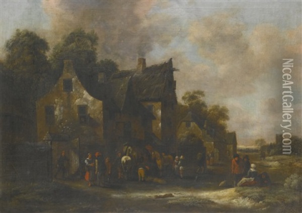 Mounted Travellers And Other Figures Gathered Outside An Inn Oil Painting - Nicolaes Molenaer