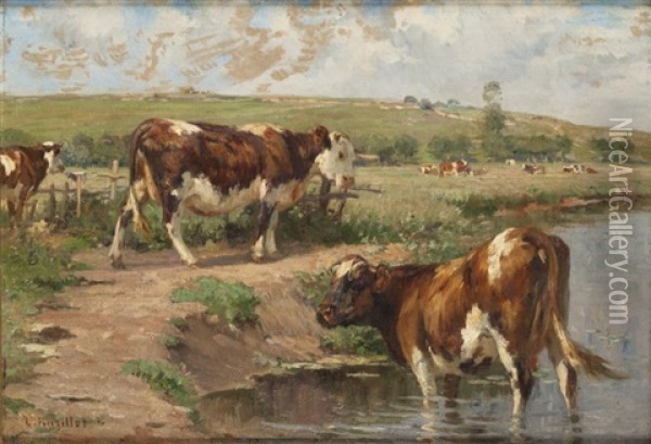 Vaches A L'abreuvoir Oil Painting - Leon Barillot