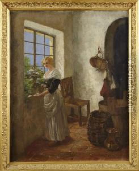 Interior Medflicka Vid Fonster Oil Painting - Akos Tolnay