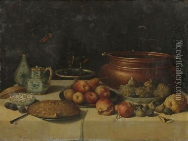 Still Life Of Fruit, A Pie, A Large Copper Pot, A Blue And White Porcelain Pitcher And Vase And Other Objects, All On A Table Oil Painting - Jan van Kessel