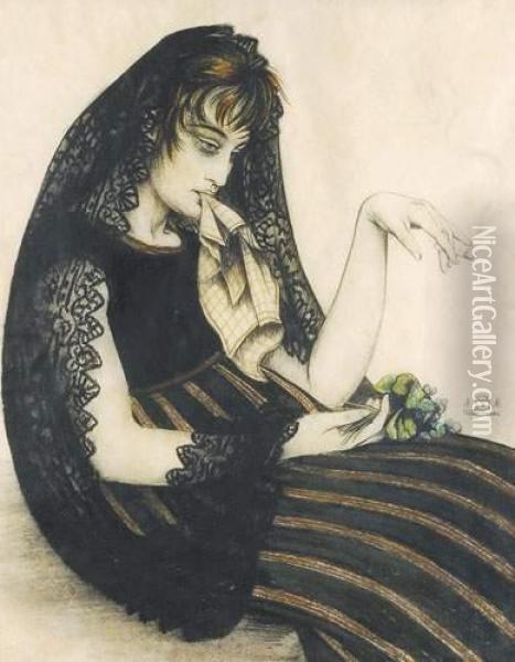 Femme Avec Cigarette Et Bouquet De Violettes (ca. 1920) Oil Painting - Walter Sauer