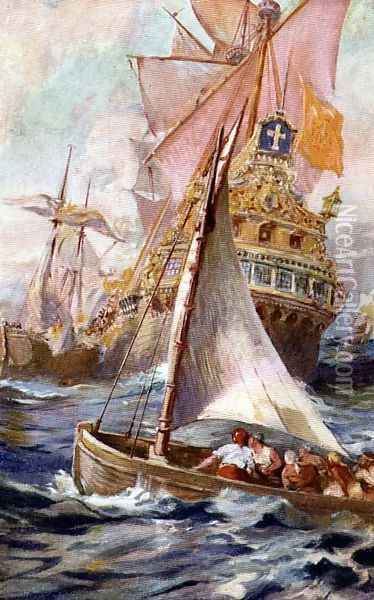 An Attack on a Spanish Galleon Oil Painting - Harry Hamilton Johnston