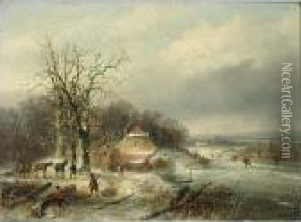 Winter Landscape With Skaters And Woodgatherers Oil Painting - Josephus Gerardus Hans