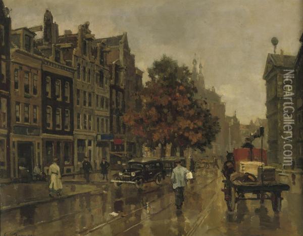 Nieuwezijds Voorburgwal, Amsterdam, With The Royal Palace At The Right Oil Painting - Frans Langeveld