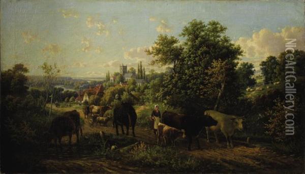 Extensive Landscape With Cattle Oil Painting - Joseph Wenglein