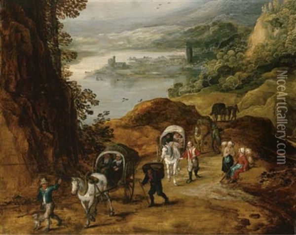 Travelers On A Mountain Path (collab. W/jan Breughal The Younger) Oil Painting - Joos de Momper the Younger