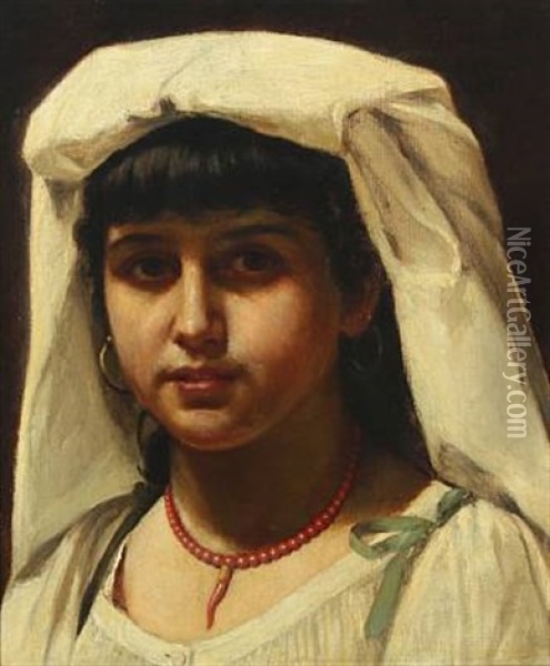 An Italian Woman With A White Headcloth Oil Painting - Gustav Daniel (Yakovlevich) Budkovski