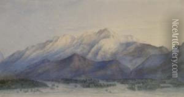 Alpine Scene, Switzerland Signed In Pencil 5.25 X 9.75in Oil Painting - John Ruskin