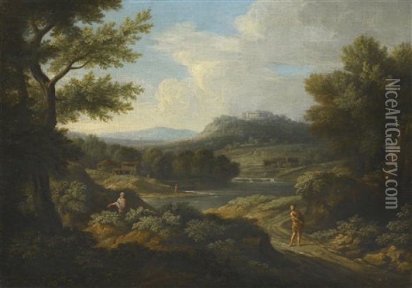 An Arcadian River Landscape With Figures In The Foreground And A Hilltop Castle Beyond Oil Painting - Gaspard Dughet