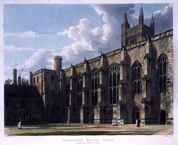 Winchester College Chapel from the Great Court, from History of Winchester College, part of History of the Colleges, engraved by J. Bluck (fl.1791-1831) pub. by R. Ackermann, 1816 Oil Painting - William Westall