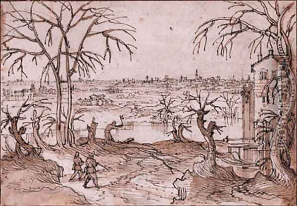 A Winter Landscape with Travellers and a Man chopping Wood by a River, a city beyond Oil Painting - Lodovico Pozzoserrato (see Toeput, Lodewijk)