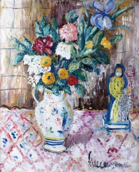 Vase De Fleurs Et Statuette En Faience De Quimper Oil Painting - Lucien Genin