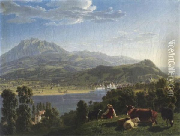 Ansicht Von Luzern Mit Pilatus Oil Painting - Johann Jakob Biedermann