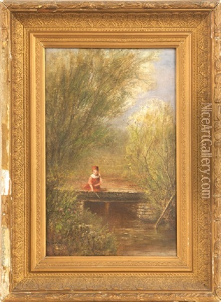 Landscape Depicting A Young Girl Fishing From A Stone Bridge Oil Painting - Frederick A. Spang